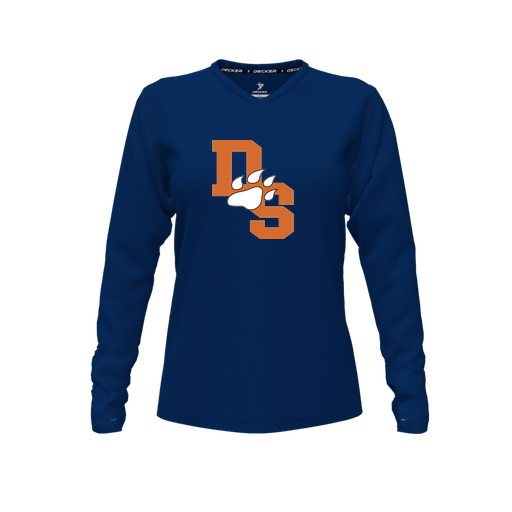 [CUS-DFW-TEES-CMF-VNK-LSL-NVY-FYXS-LOGO2] Decker Comfort T-Shirt (Female Youth XS, Navy, V Neck, Logo 2, Long Sleeve)