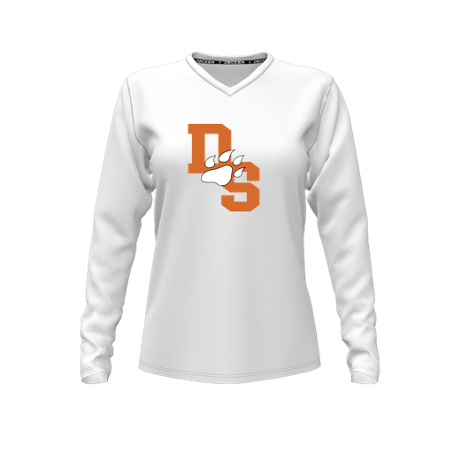 [FTLVPTWH-FYXS-LOGO2] Decker Performance T-Shirt (Female Youth XS, White, V Neck, Logo 2, Long Sleeve)